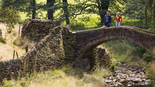 Two women stand on Eastergate bridge, on a sunny day. The water levels are low in the beck below them